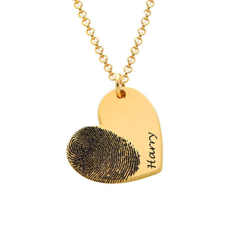 Custom Name and Fingerprint Necklace in Golden Color - Front View- custom necklace