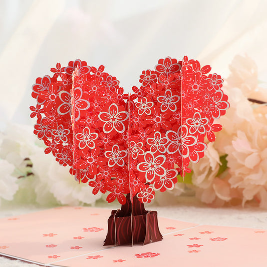 Stereoscopic Valentine's Day Greeting Card - Front View with Red Cherry Blossom Tree Inside.